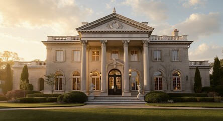 Fototapeta premium Elegant Neoclassical Mansion at Golden Hour
