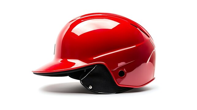 A shiny red baseball helmet with ear protection on a white background in a studio setting view from side
