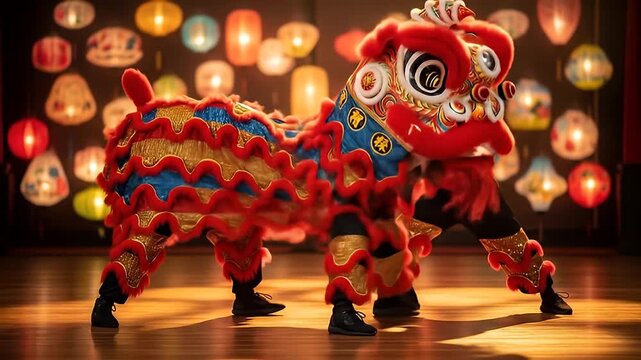 Traditional Chinese lion dance performing on stage. 4K Video