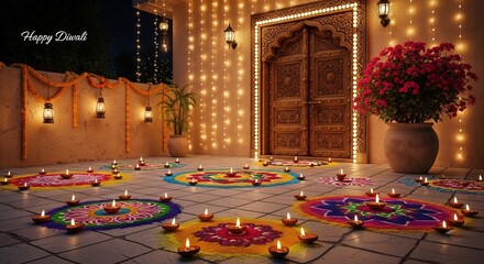 Celebrate Diwali with this festive scene of rangoli, candles, and traditional Indian decor. Perfect for holiday greetings, banners, or cultural event promotions.