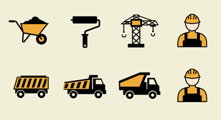 Minimalist vector construction tool icons, bold black shapes on light background, showing equipment like wheelbarrow
