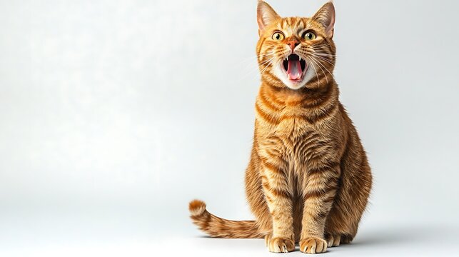 A ginger tabby cat sitting upright with mouth open on a white background looking surprised or angry - Powered by Adobe