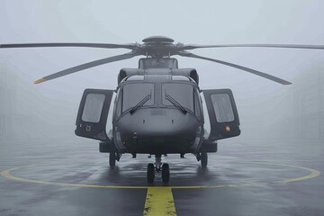 Dark military helicopter on a misty tarmac
