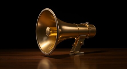 Golden Megaphone on Wooden Surface, Announcement, Public Address System, Marketing, Communication