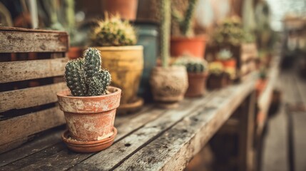 Fototapeta premium Cactus in terracotta pot on weathered wooden table More cacti in background