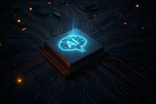 A glowing artificial intelligence brain on a microchip in a dark futuristic server room, symbolizing the core of ai technology, big data, and powerful computing