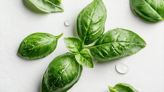 Fresh basil leaves with water droplets on a white surface