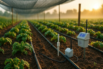 A smart irrigation system with solar-powered sensors monitors soil and plant conditions in a vegetable farm under protective shade netting - Generative AI