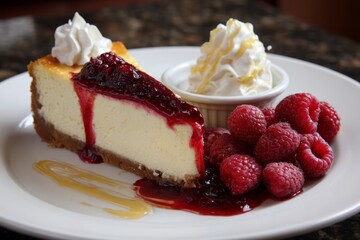 Cheesecake slice with berry topping whipped cream raspberries on a white plate