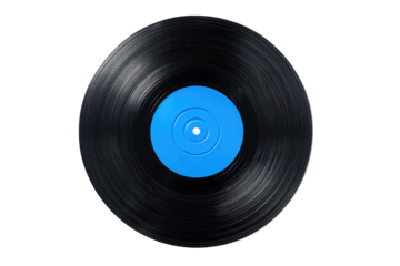 Close-up of a black vinyl record with a vibrant blue center label (1)