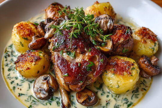 Confit duck legs with gratin potatoes and mushroom suce Restaurant dish Empty rea Overhead view