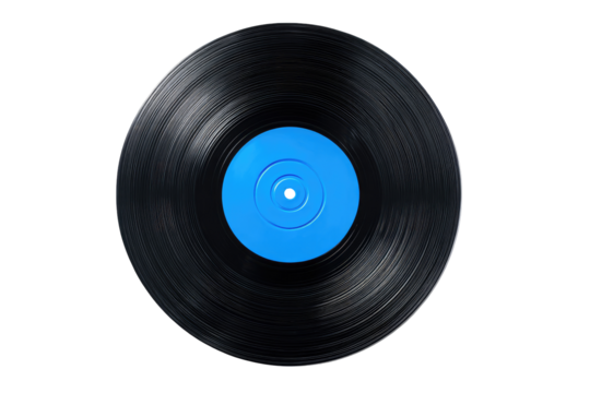 Close-up of a black vinyl record with a vibrant blue center label (1)
