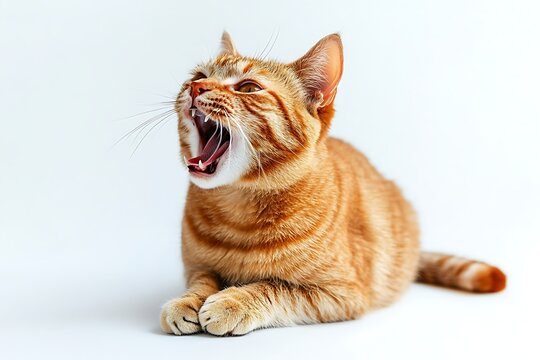 A ginger tabby cat yawning widely with mouth open showing teeth on a white background in studio shot