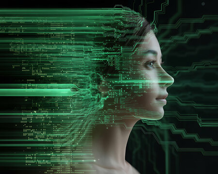 Woman's profile with digital data streams and circuit board patterns
