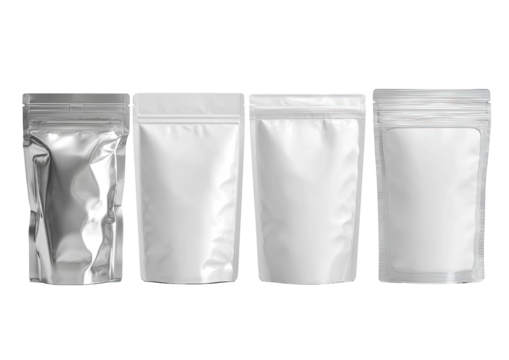 Four clear plastic and foil pouches,  light gray/silver,  with zipper tops,  set against a black background.  Blank labeling area