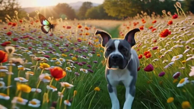 Kleiner Pitbull jagt einen Schmetterling