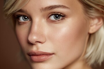 Fototapeta premium Closeup shows a blonde womans face featuring her eyes nose and lips with soft lighting on her skin