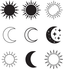 Fototapeta premium Celestial Sun and Moon Icons in Black and White Vector Illustration