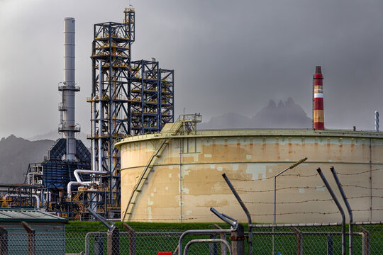 Marsden Point, New Zealand. Decommissioned rusting oil refinery, which refined crude oil from 1964 to 2022. Photo taken in 2025.