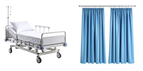 Medical Bed And Blue Curtains On Transparent Background For Healthcare Interior Design