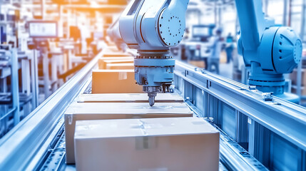 Automated Robotic Arms Handling Boxes on a Conveyor Belt in a Factory