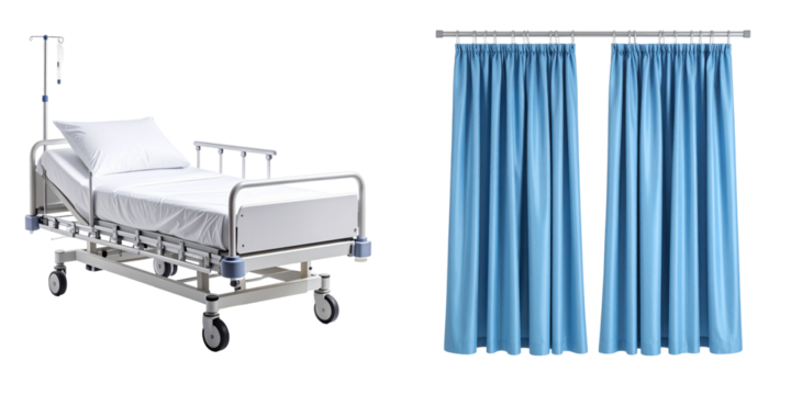Medical Bed And Blue Curtains On Transparent Background For Healthcare Interior Design