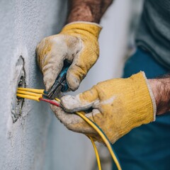 Skilled electrician works on wiring installation in residential building during daylight hours