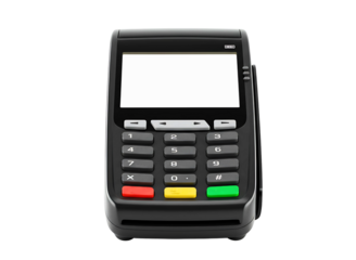 Black credit card payment terminal with blank screen isolated on transparent background