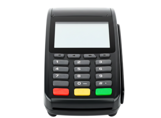 Black credit card payment terminal with blank screen isolated on transparent background