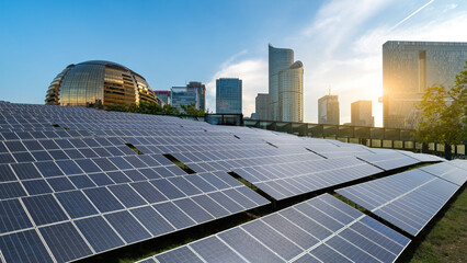Solar panels in urban area with modern buildings in background