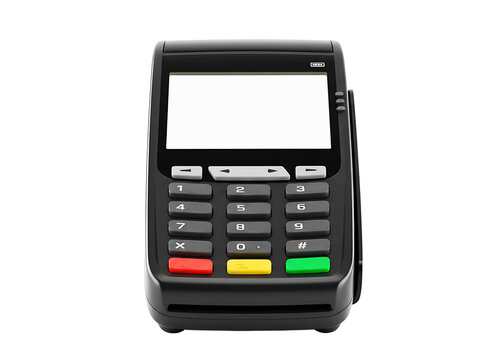 Black credit card payment terminal with blank screen isolated on transparent background