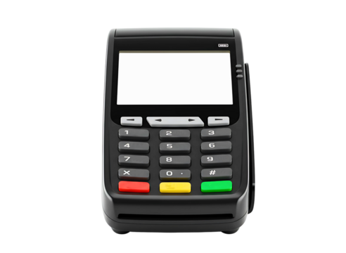 Black credit card payment terminal with blank screen isolated on transparent background