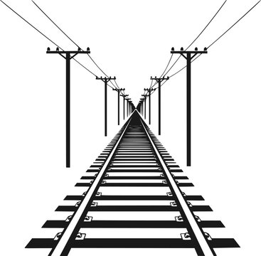Black and white railway tracks with electric poles vector design. High-contrast railway tracks and power lines silhouettes vector. Silhouette train tracks and utility poles vector