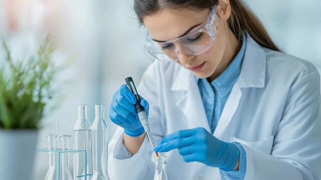 Scientist in laboratory conducting research experiment with pipette, glassware, safety gloves, lab coat, focused woman using scientific methods - Powered by Adobe
