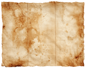 Aged, stained parchment.  Faded,  brown paper,  crinkled,  with irregular,  dark stains.  Vertical creases/folds