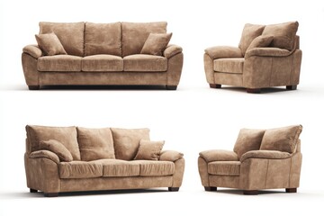 Obraz premium Image showcases a beige fabric living room set featuring sofas and armchairs in a studio setting