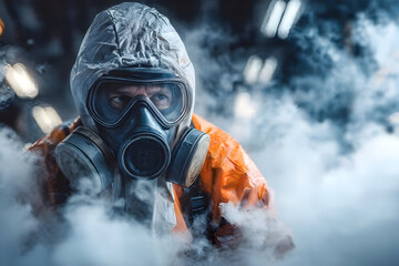 Obraz premium A person wearing a gas mask and protective gear amidst smoke, symbolizing safety and the importance of protection in hazardous environments.