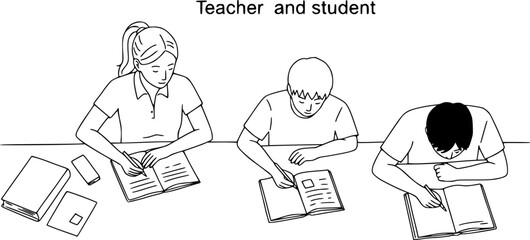 Set with people outlines isolated on white background. Teacher and student. Top view. Vector illustration.
