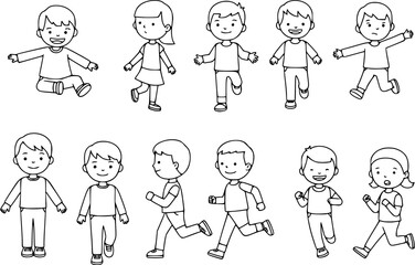 Naklejka premium CAD Drawings. Set kids outlines isolated on white background. Sitting, walking, etc. Vector illustration. 