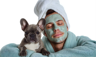 A man relaxes with a face mask alongside his adorable French Bulldog, embodying self-care and companionship at home.