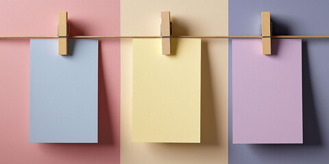 Three pieces of paper are hanging on a string, each with a different color