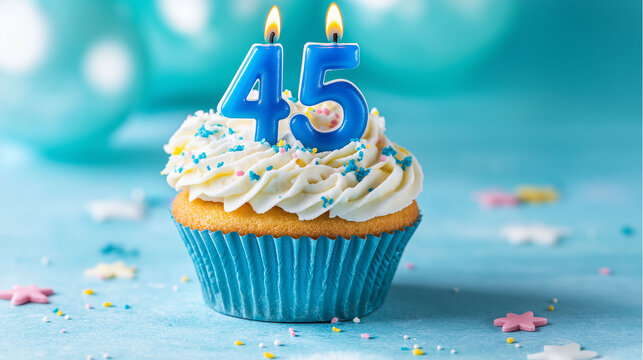 45th birthday or anniversary cupcake with blue candles and the number 45