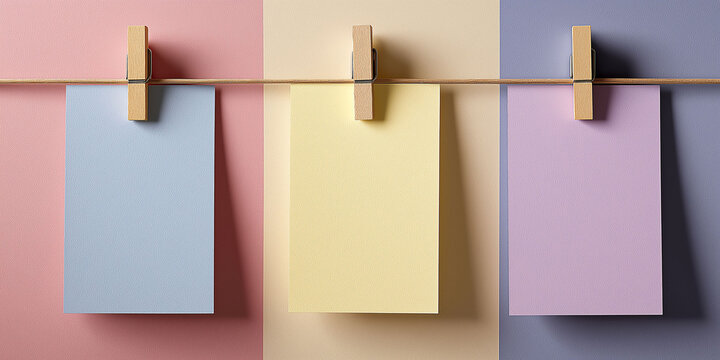 Three pieces of paper are hanging on a string, each with a different color