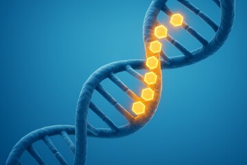 A scientific conceptual illustration of DNA double helix with glowing sugar molecules highlighted, symbolizing molecular biology, genetics, and biochemical structure.