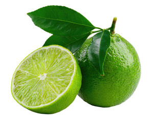 Two fresh limes, one whole and one halved, with vibrant green leaves