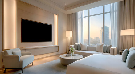 Fototapeta premium A modern hotel room featuring sleek furniture, large windows, and a captivating city view during sunset, perfect for relaxation.
