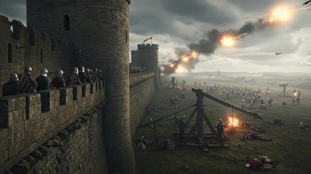 Medieval Battle Scene with Soldiers and Catapults