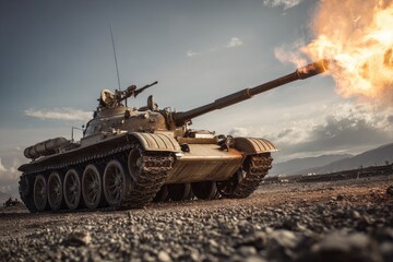 Military tank firing, flames erupting from cannon