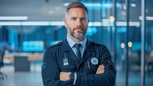 Confident male security guard in uniform with beard, arms crossed, standing in modern office, professional, serious, focused expression