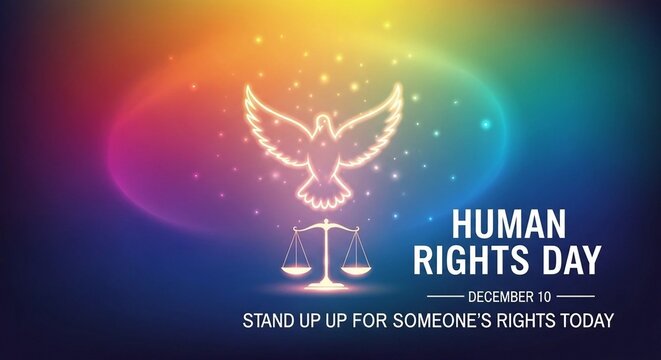 Human Rights Day: Dove, Scale and Celebration: Illustrative digital artwork portraying the essence of Human Rights Day, the dove of peace, and scales of justice, set against a vibrant.